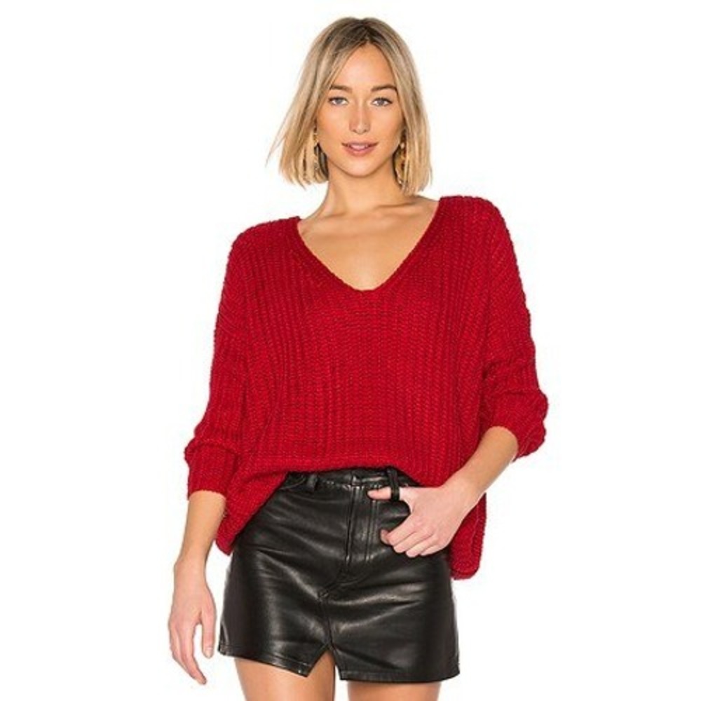 Tularosa pullover cableknit red chunky heavy SM luxe bright vneck sexy basics ec